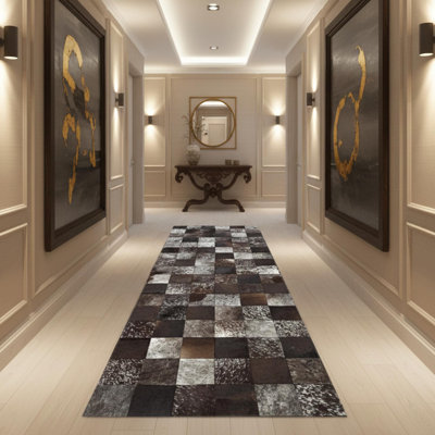 Dark Brown White Cowhide Rug, Hallway Leather