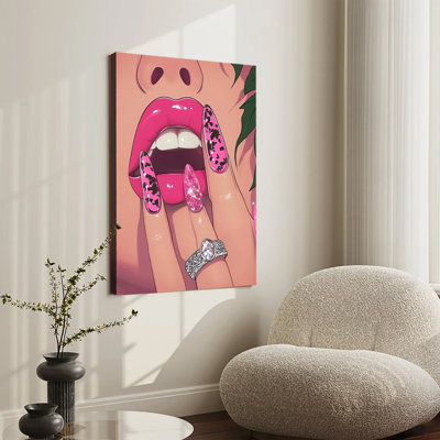 Glam Pop Art Lèvres roses brillantes, ongles longs et bague en diamant, grande toile tendue sur châssis pour salon ou chambre
