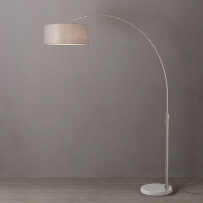 Lampe à arc 92 po Float - nickel satiné, base en marbre blanc, abat-jour en lin gris cachemire, intensité variable, ampoule incluse
