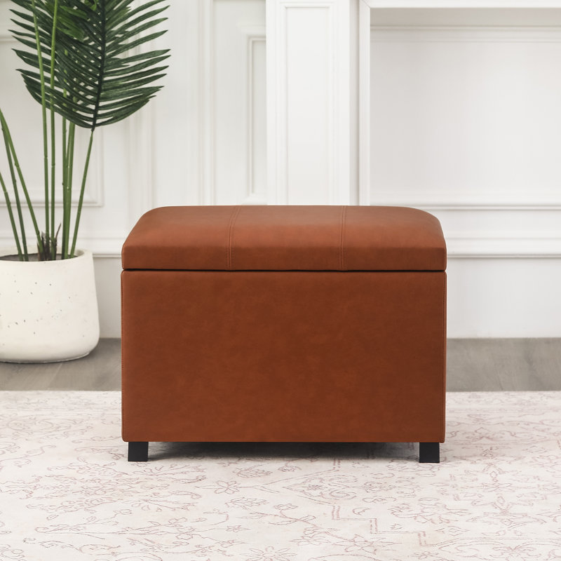 24" Faux Leather Storage Ottoman, Light Brown