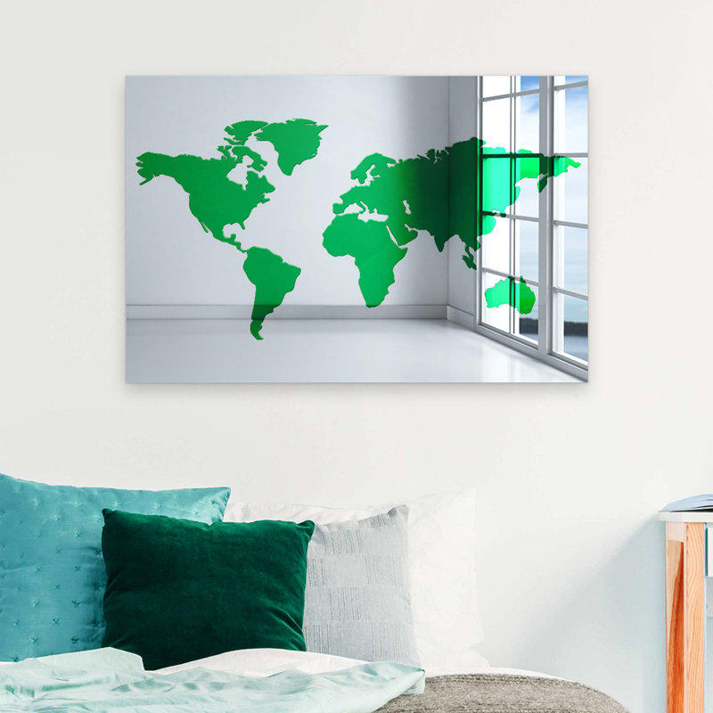 Décoration murale en acrylique carte du monde moderne, H 16 po x l 24 po x P 1 po, Argenté / Vert