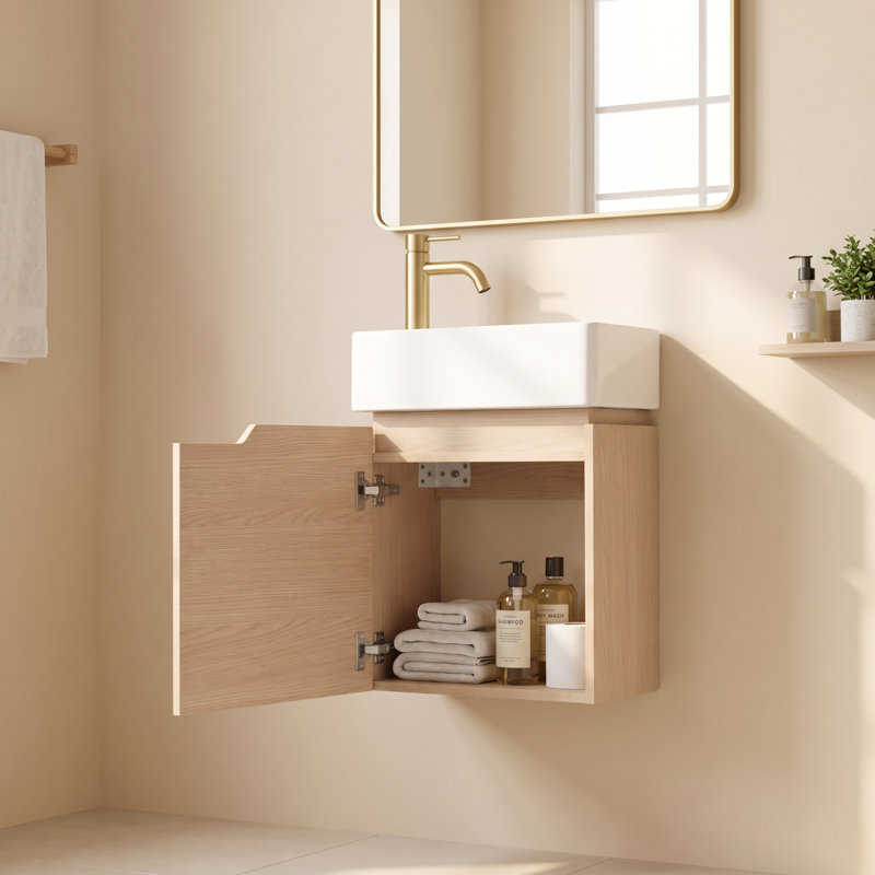 Meuble-lavabo suspendu de 45,7 cm (18 po) avec lavabo en céramique, armoire à une porte en bois clair pour salle d'eau