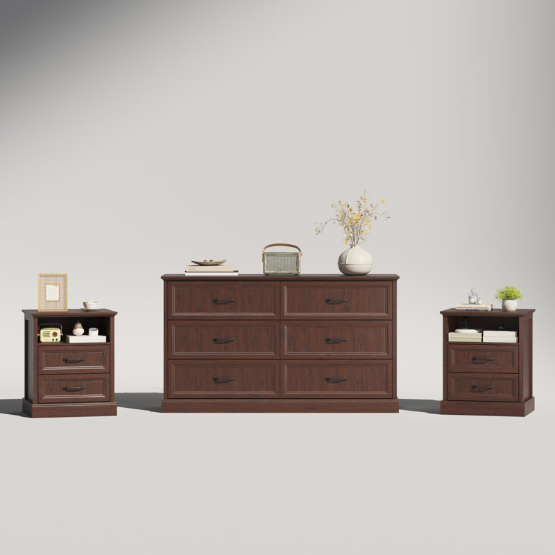 Ensemble de chambre à coucher 3 pièces, commode 6 tiroirs et tables de chevet 2 tiroirs, Brun