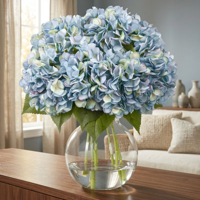 8 pcs Blue Hydrangea Artificial Flowers with Stems Faux Floral Bouquet Realistic for Wedding Home Decoration