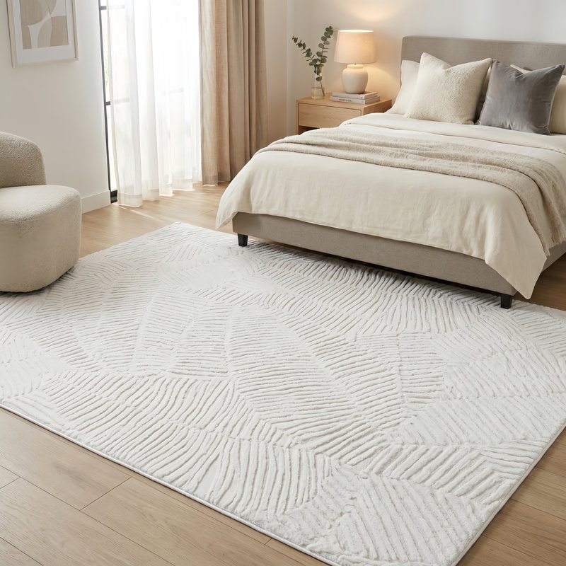 Machine Washable Modern Faux Rabbit Fur Jacquard Area Rug Soft High-Low Pile Non-Slip Backing Off-White/Beige/Cream Indoor Carpet for Bedroom, Nursery