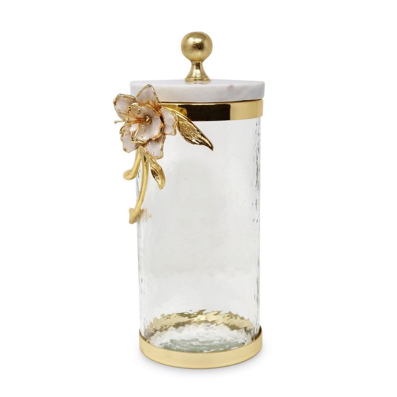 Hammered Glass Canister with White Enamel and Gold Flower with Leaf, Marble Lid