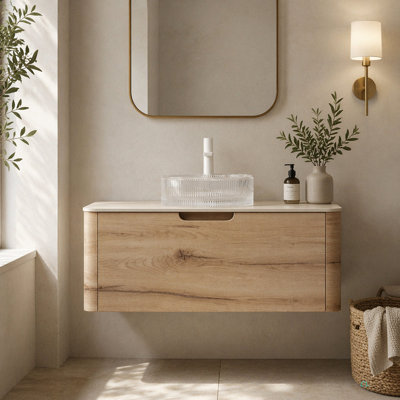 Meuble-lavabo de 24 po avec lavabo, armoire de rangement en contreplaqué flottant avec tiroir, lavabo rond en verre transparent et plateau en pierre frittée Roma