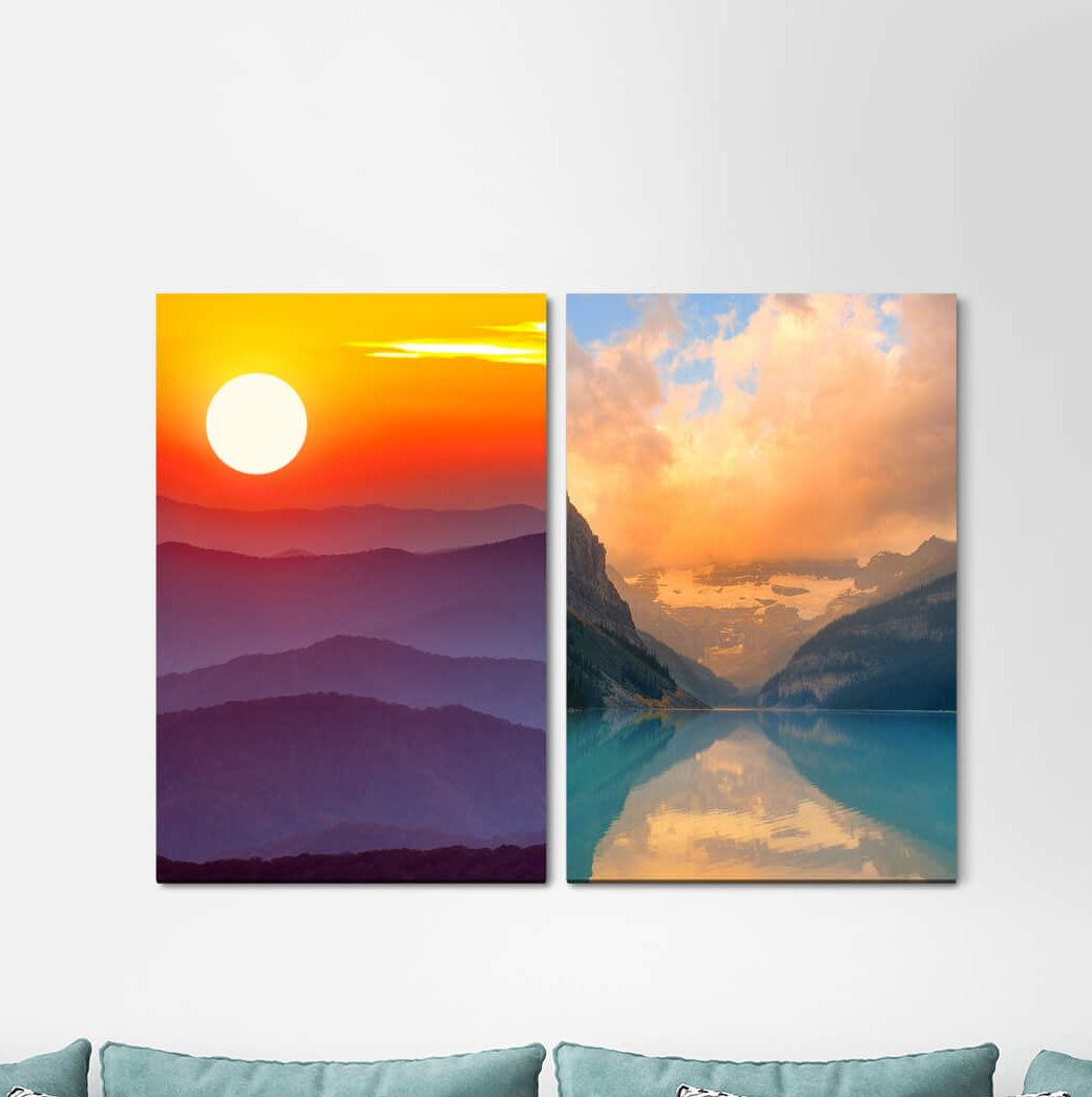 2-tlg. Leinwandbilder-Set - Fotografie "Berglandschaft Bäume Berge Wolken Sonnenuntergang Frühling Stille"