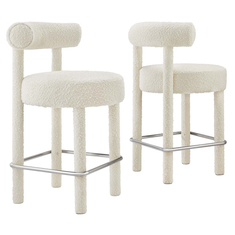 Ivory Boucle Fabric and Metal Counter Stool Set