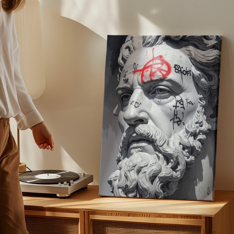 Sculpture sur toile dégradée avec buste de Zeus et art moderne graffiti, H 16 po x l 20 po