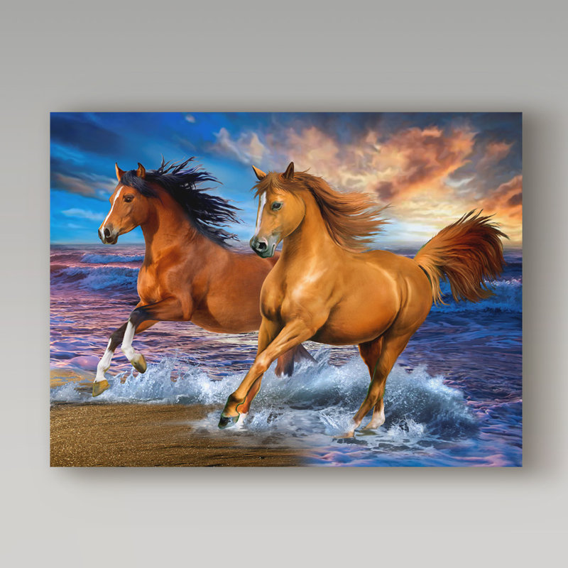 Large Brown Horses Running on Beach Canvas Art