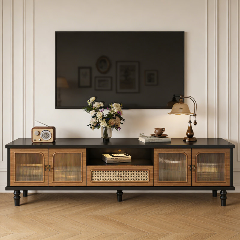 Meuble télé de style français avec rangement rétro, Noir / brun, H 21,7 po x L 94,5 po x l 15,7 po