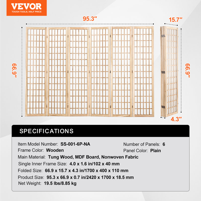 Room Divider, 6 Panel Japanese Room Divider, Wood Folding Privacy Screen Indoor, Japanese Partition Dividers