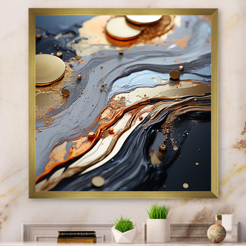 Or et gris, formes liquides modernes II - décoration murale abstraite, 16" H x 16" W, Gold Picture Framed