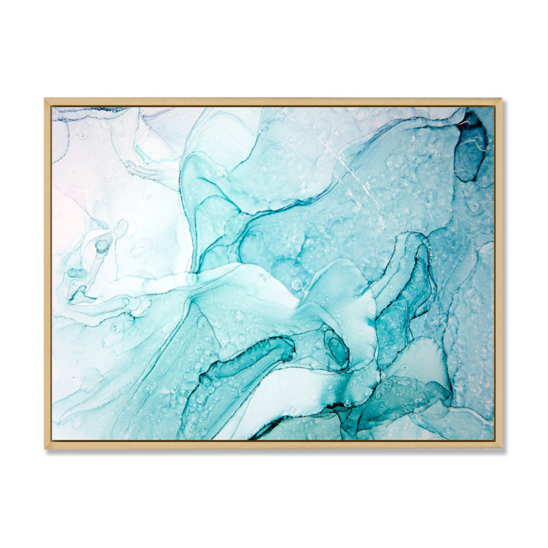 Turquoise Ink Universe - peinture sur toile, Cadre flottant en érable, H 12 po x l 20 po