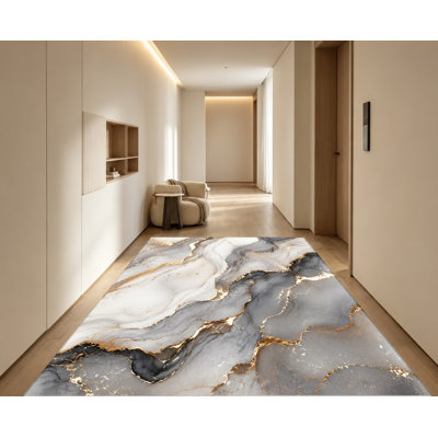 Tapis de sol décoratif en velours, motif marbré abstrait à l'encre, incrustations dorées, dos antidérapant, idéal pour le salon, la chambre à coucher, la salle à manger, le bureau, le balcon ou un appartement.