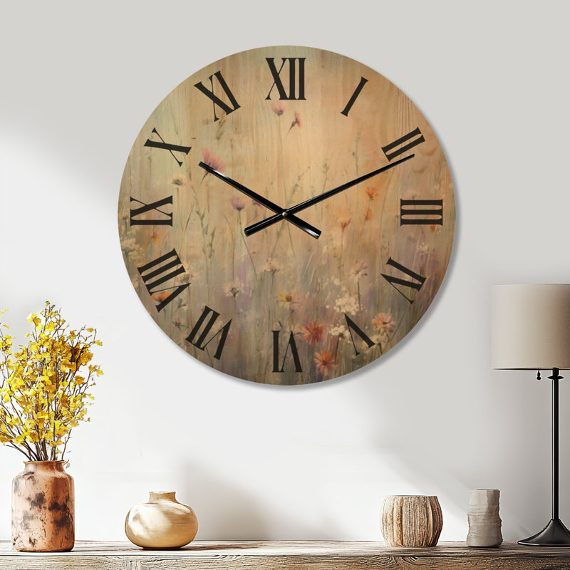  Horloge murale Botanical Wood - Wildflowers Wander Meadows, Medium