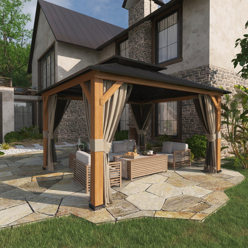 Abri de jardin permanent en bois 13 pi L 11 pi. X P 11 pi. D Pavillon de jardin en bois massif avec double toit, moustiquaire et rideaux