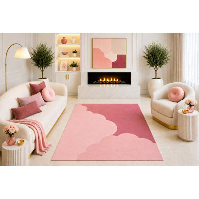 Tapis à motif abstrait festonné rose 5 pi x 7 pi «Ultra Léger», motif géométrique minimaliste moderne pour chambre de chambre à coucher, envers en silicone antidérapant à poils courts