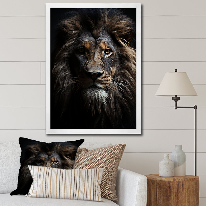 «Black and White Lion Portrait Vibrant II», reproduction d'art sur toile, H 32 po x l 24 po x P 1 po, Cadre simple blanc