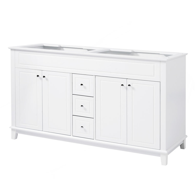 Armoire de meuble-lavabo 58 po seulement, 3 tiroirs et 4 portes (2 avec tablettes à double couche), pieds en bois, fermeture en douceur, blanc