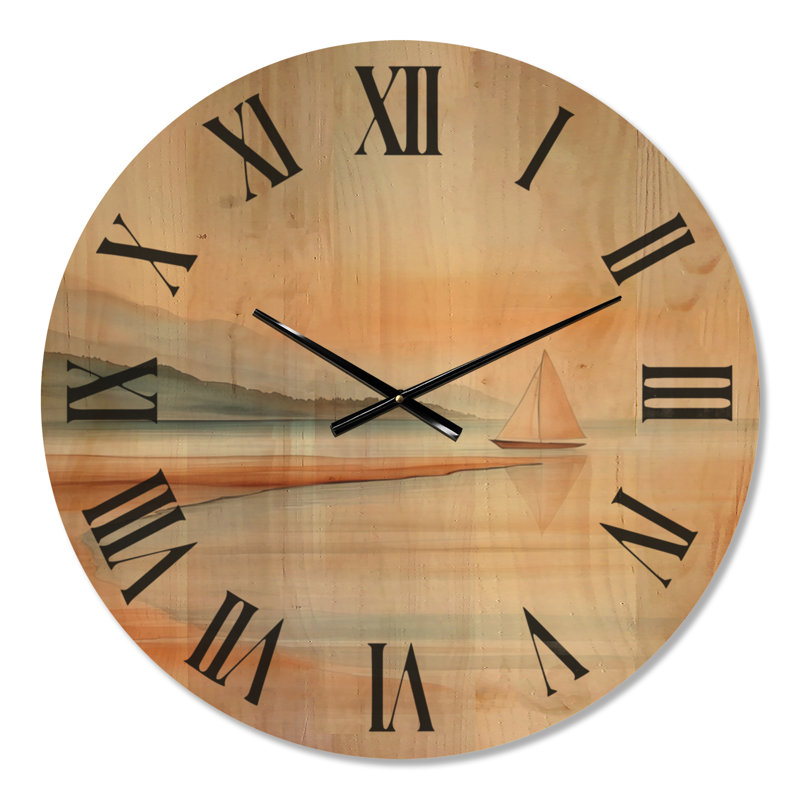 Horloge murale ronde orange « Sunset Sailboat Shore III », imprimée sur bois, motif voilier au coucher du soleil., Grand
