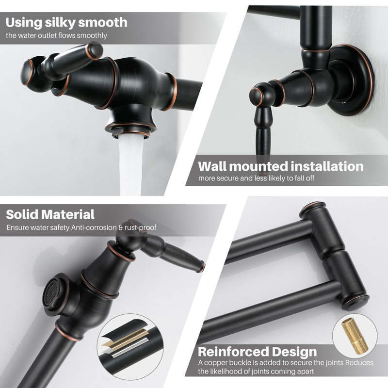 Wall Mounted Pot Filler 2-handles Kitchen Faucet With 360° Spout Swivel In Brushed Gold, Oil Rubbed Bronze