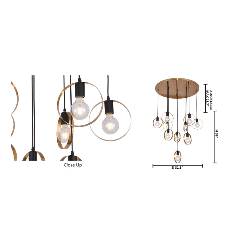 Industrial 10 Light Brass Multi Hoop Pendant