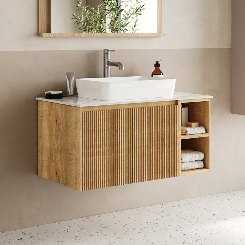Meuble-lavabo simple mural de 30 po avec lavabo vasque en céramique, comptoir en pierre frittée et armoire en bois cannelé, finition chêne rétro, 2 portes à fermeture en douceur et tablettes ouvertes