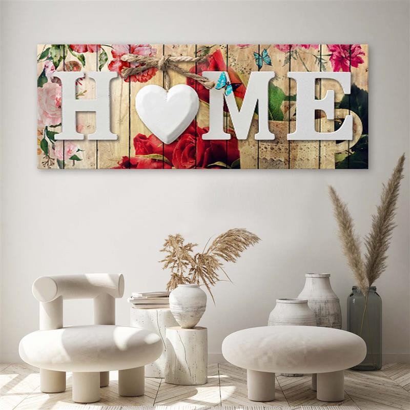 Leinwandbild Home-Inschrift und rustikaler Blumenhintergrund