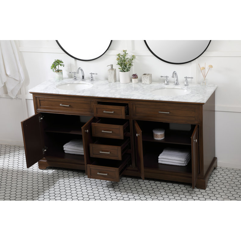 Ensemble de meuble-lavabo double 72 po Hermes, Teck foncé, Blanc de Carrare / gris