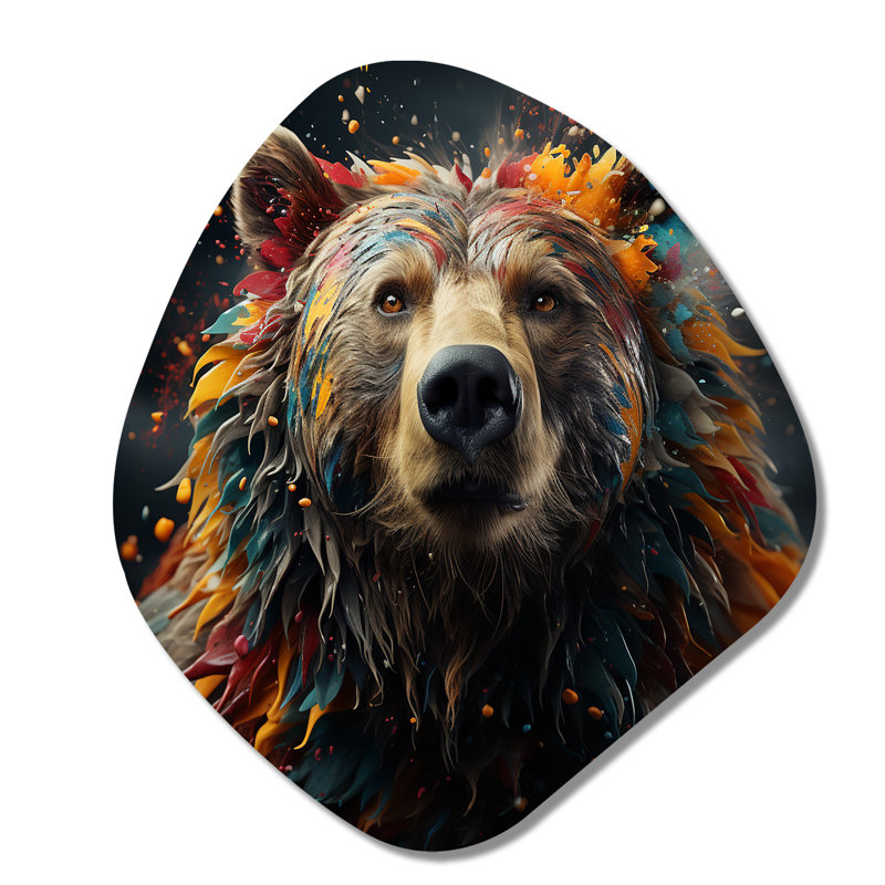 «Multicolor Grizzly Bear Grace» - art mural asymétrique en forme de nébuleuse, H 28 po x l 25 po