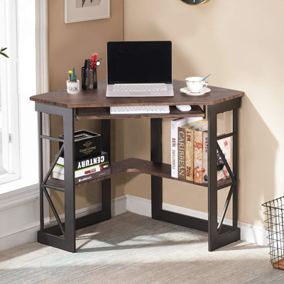 Lambrecht Corner Desk with Storage Shelves, Triangle Computer Desk with Keyboard Tray & Bookshelves for Small Space, 90 Degrees Space Saving Writing Desk Laptop PC Table for Home Office, Living Room, Bedroom