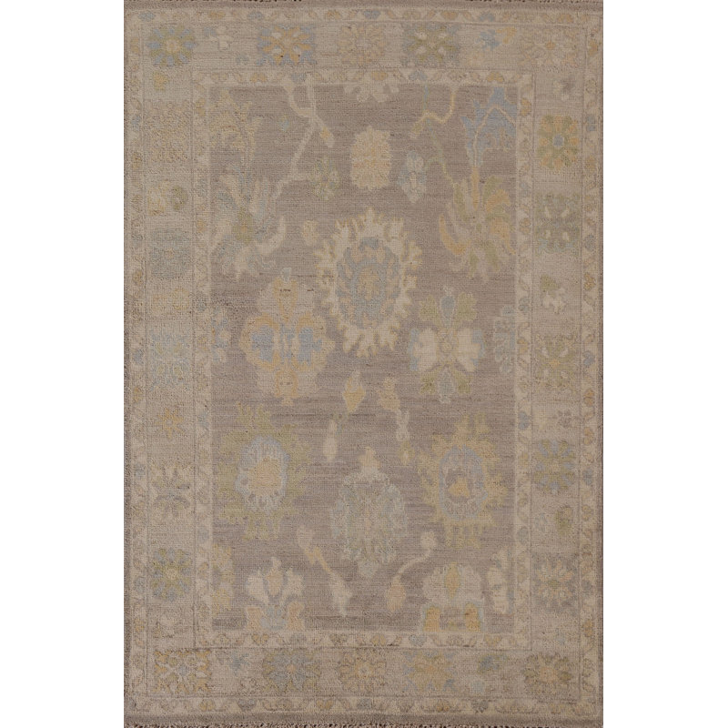 Tapis beige / ivoire floral en laine noué à la main 4 pi x 5 pi 10 po