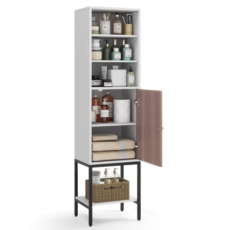 57" Bathroom Tall Cabinet With 1 Door And 4 Shelves Freestanding Floor Cabinet, White/Gray
