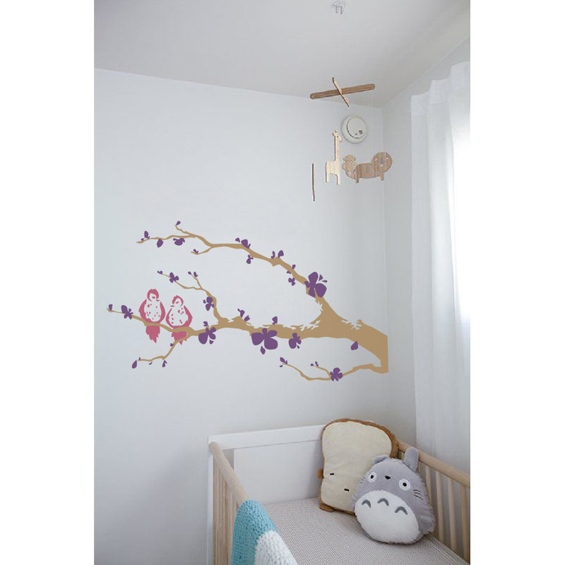 Décalcomanie murale branche arbre love oiseaux, H 21 po x l 40 po x P 0,01 po, Mauve / rose