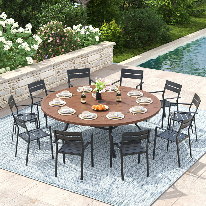 Sagamore 10-Person Patio Dining Set with 63" Round Dining Table and 10 Stackable Dining Chairs, Brush Wood Brown/Black