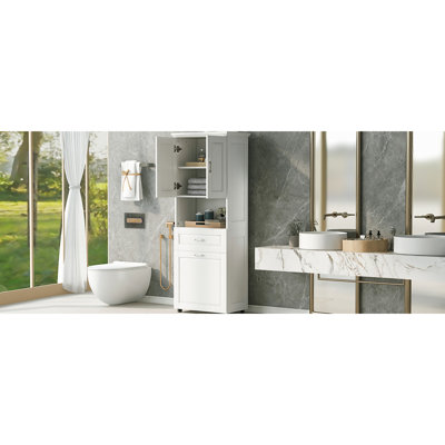 Armoire de salle de bain blanche avec dispositif de surmatelas et panier à linge
