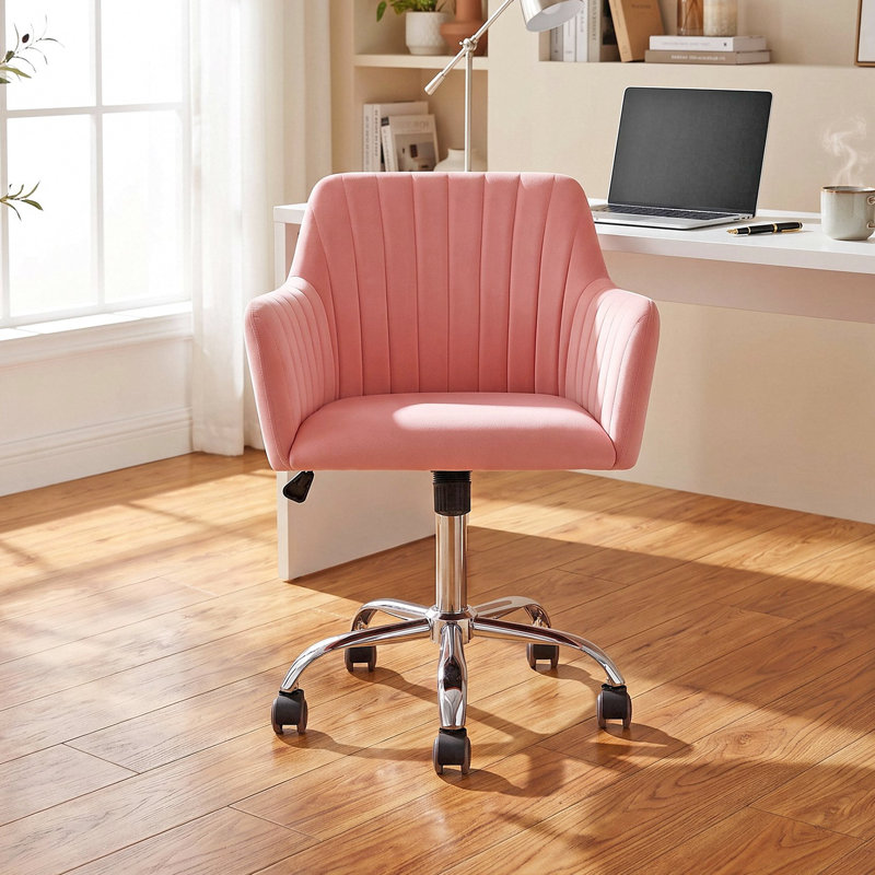 Fauteuil de bureau ergonomique en velours pivotant à 360 ° avec accoudoirs et coussin à haute densité, Pink