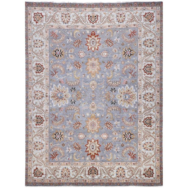 Tapis gris et bleu noué à la main de haute qualité, Rectangle 9 pi x 12 pi
