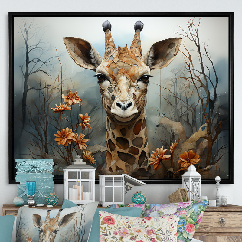 Mignonne girafe dans un champ de fleurs II, H 16 po x l 32 po x P 1 po, Cadre flottant noir