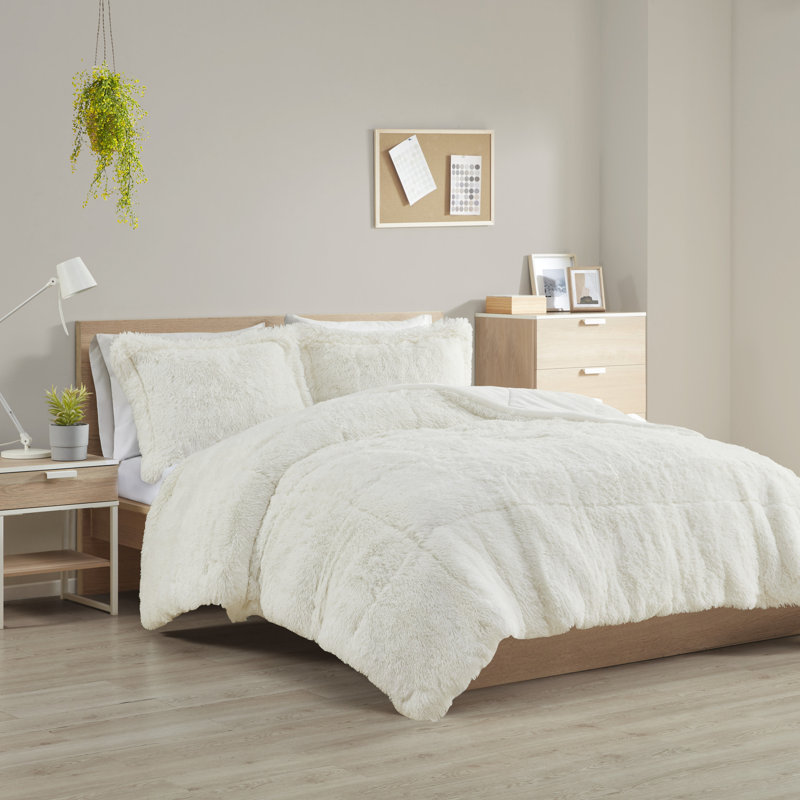 Full White Shaggy Faux Fur Comforter Set