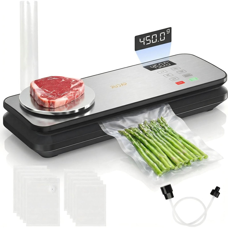 Scelleuse sous vide pour la nourriture, machine de scellage sous vide 90Kpa avec balance de cuisine numérique, scelleuse sous vide 12-en-1 avec modes de nourriture sèche et humide, 10 pièces et 1 sac à roulettes