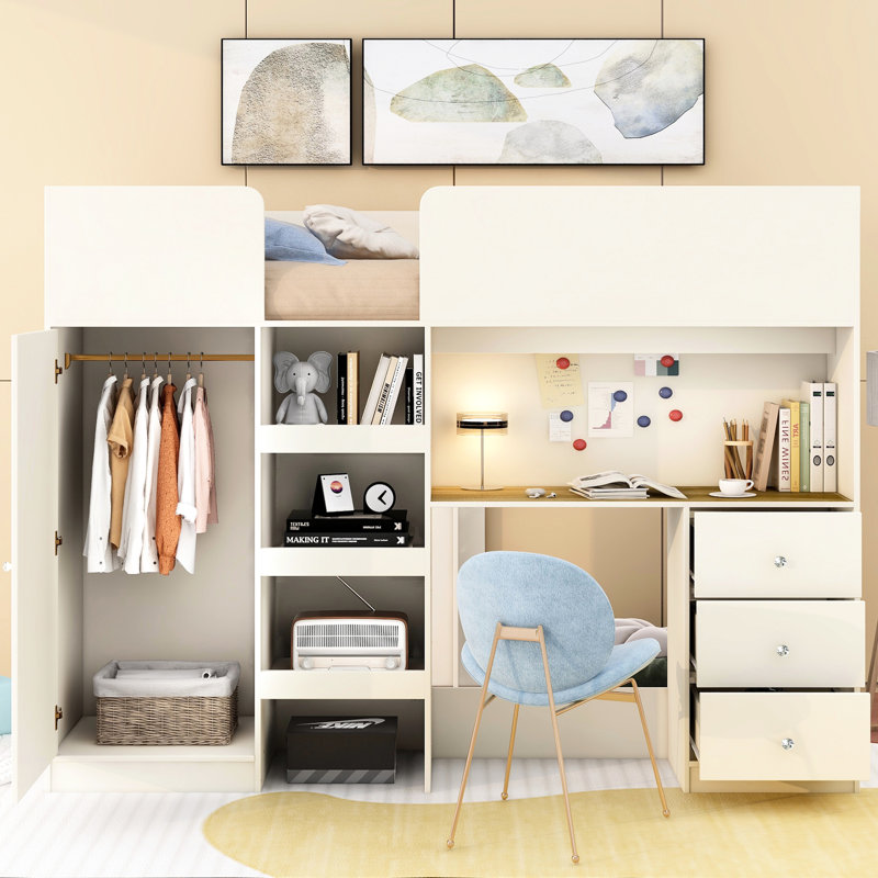 Lit en bois beige avec mezzanine, garde-robe, bureau et rangement - Loft d'apparence élégante encastré