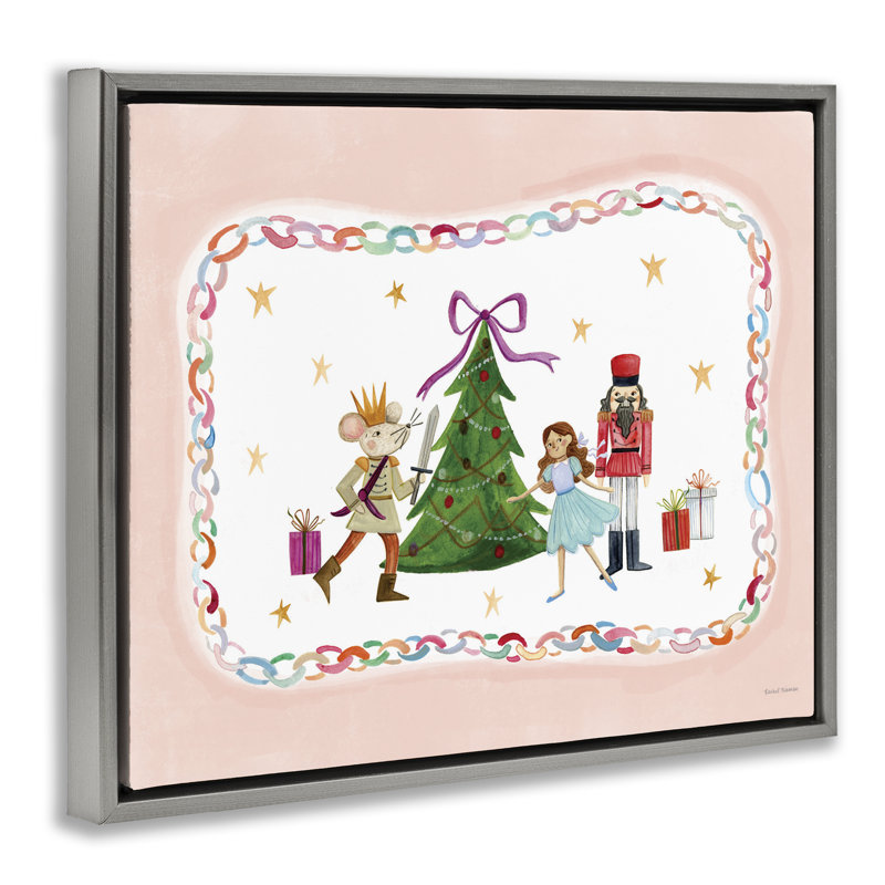 Cadre flottant avec personnages de fêtes et arbre de Noël, design par Rachel Nieman, H 17 po x l 21 po
