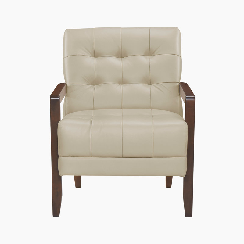 Velsen 26" Mid-Century Modern Accent Chair with Top Grain Leather, Solid Wood Arms, High-Density Foam over Pocket Coils