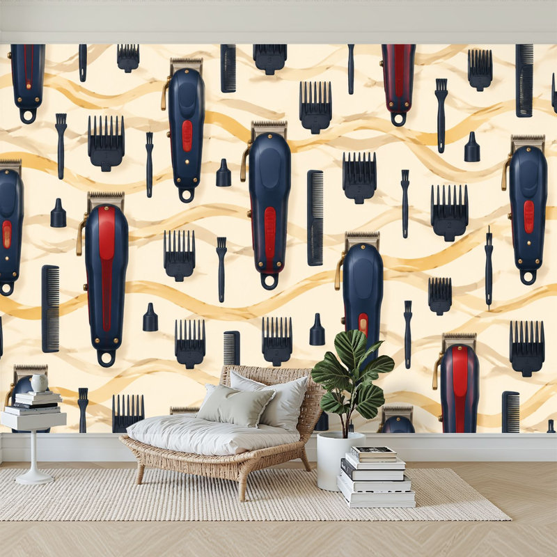 Papier peint adhésif auto-adhésif moderne pour la chambre à coucher, avec outils de toilettage bleu et rouge