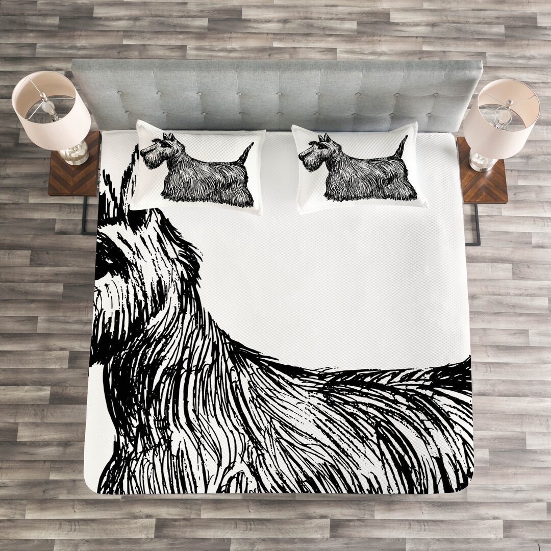 Gestepptes Bettdecken-Set, Pinsel Strokeds, Scottie Dog, Charcoal Grau und Weiß