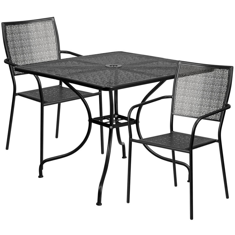 Janeth 35.5'' Square Indoor-Outdoor Steel Patio Table Set with 2 Square Back Chairs, Black