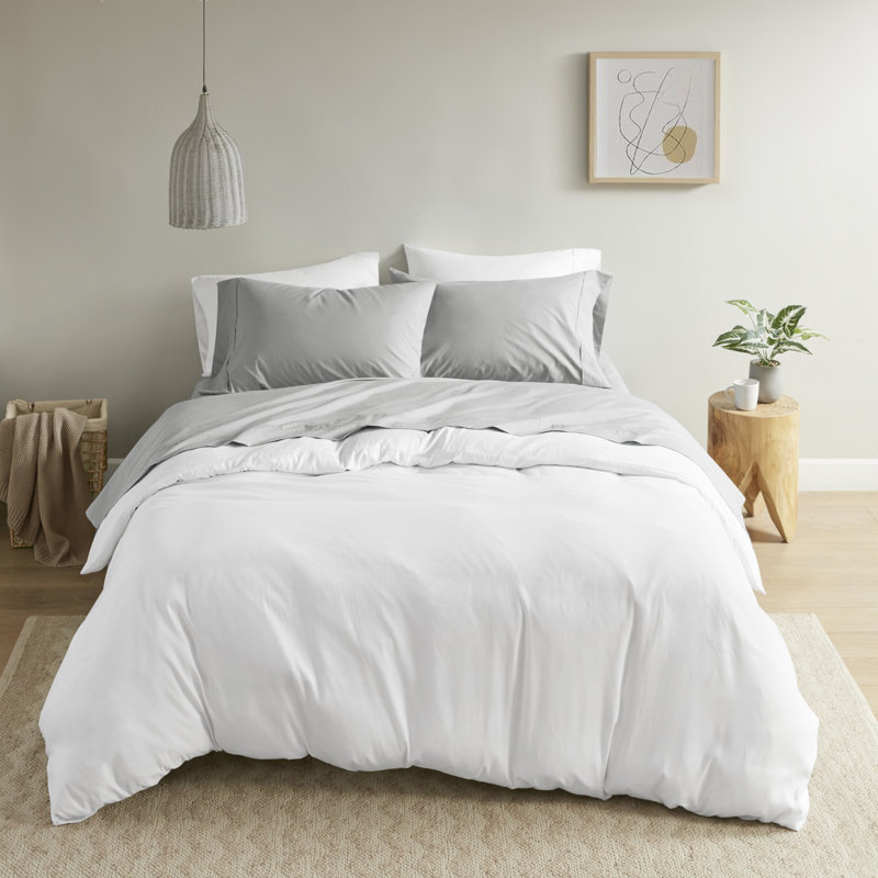 Ensemble de draps en percale de coton 200 fils Peached Percale, Gris, Double